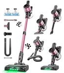 Cordless Vacuum Cleaner, 10 in 1 Stick Vacuum with Powerful Suction, Hose, Green LED Light, Anti-Tangle Brush, Lightweight Rechargeable Vacuum Cleaner for Home, Hardwood Floors, Pet Hair (Pink)