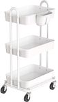 SimpleHouseware 3-Tier Trolley Utility Cart with Hanging Bucket, White