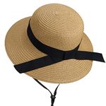 Girls Wide-Brim Straw Sun-Hat for Summer Beach with Bow, Khaki(bow-straw Hat), 9-17 Years