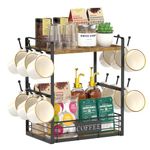 EsLuker.ly 2 Tier Coffee Bar Organizer Countertop Station Shelf for Home Office, Multi-functional Coffee Mug Cup Holder Stand, Accessory Storage Rack with 12 Hooks, Space-Saving Coffee Nook Enhancer