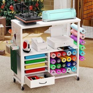 MASHELLY Craft Storage Cart, Compatible with Cricut Cutting Machines, Features a Vinyl Roll Holder and Drawers,A Mobile Storage Table for Crafting Tools and Accessories, Suitable for Studios, Offices