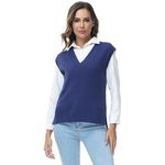 MODFUL Women Knitted Vest Sleeveless V-Neck Sweater Chunky Classic Jumper Pullover (Blue, L)