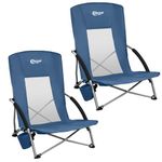 Portal Folding Beach Chairs Low Lightweight Portable for Adults Foldable Beach Seat Camping Festival Picnic Deck Chair Outdoor Collapsible with Cupholder Mesh Back Padded Armrests Supports 150KG