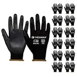 Velway 12 Pairs Work Gloves Firm Grip Gardening Gloves Non-Slip PU Coated Safety Builders Gloves Lightweight Breathable Protective EN388 Mechanic Working Gloves for Men Women Black (Size 9/L)