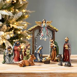 Glitzhome 11Pcs Resin Nativity Figurines Set Christmas Ornaments Gifts Xmas Tabletop Scenes Figures Set Collectibles Countertop Statue Miniatures Indoor Decorative Crafts Accessories 8" x 20.75"