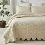 Brandream Beige Quilts Queen King Size Cotton Farmhouse Matelasse Coverlet Scalloped Edge Bedspreads Luxury Quilt Bedding Set 3-Piece 98x106