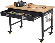 GarveeTech Adjustable Workbench for Garage, 48" Rubber Wood Top Workbench with Drawer Storage, 2000 LBS Load Capacity, Heavy Duty Workstation with Power Outlets & Wheels, Tool Storage Bench Workshop