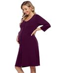 KOJOOIN Women's Birth Nursing Nightdress Pyjamas Pregnancy Pyjamas Sleepwear with Full Button Placket (Reusable Packaging), Burgundy A (Long Sleeve), L