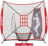 AOLIGEIJS 7'X7' Baseball Softball Practice Net,Pitching Net,Batting Net,with Baseball Tee,Bonus Strike Zone and Bow Frame,for Hitting,Pitching, Catching (Red Net + Batter Dummy)