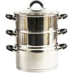 Royal Cuisine 3 Tier Multi Layer Stainless Steel 20cm Steamer cooking Pot With Stackable Pan Insert/Glass Lid Cookware Set food steamer with Silicone Handles induction cookware