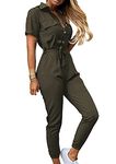 YMING Women Short Sleeve Solid Color Jumpsuit Summer One Piece Romper Casual Belted Outfits Army Green 2XL