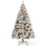 VeryMerry 6FT Pre Lit Snowy Christmas Tree with 300 Built-In Warm White LED Lights with Auto-Off Timer, 8 Lighting Modes, Foldable Metal Stand, Snow Flocked Artificial Tree