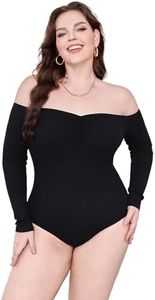 WDIRARA Women's Plus Size Off The Shoulder Long Sleeve Ruched Bodysuit Tops Black 1XL