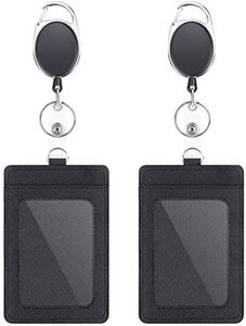 2 Pack Badge Holders and Heavy Duty Retractable Reel Clips Set, Vertical Leather ID Badge Holders with 1 Clear ID Window & 2 Credit Card Slots