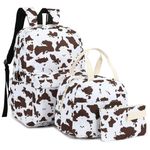 Yusudan Cow Print Girls School Backpack, 3 in 1 Set Kids Teens School Bag Bookbag with Lunch Bag Pencil Case (Brown)