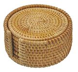 Handwoven Rattan Coasters - Cup Base Plates & Dishes Insulated Hot Pads Pot Holder - Living & Dining Room Kitchen Accessories - Set 6 Pcs with Holder (Rattan, 4" Round)