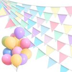 Alintor Pastel Bunting + 18 Pastel Balloons, 46 Flags Fabric Bunting, Birthday Bunting, Bunting Flags for Christening, Baby Shower, Garden Decorations