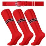 Ramede Baseball Socks and Belt Combo Set Striped Softball Football Baseball Socks with Belt for Kids Youth Adult Men Women, Red, Medium