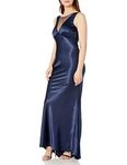 Marina Women's Satin Gown with Illusion Neck and Open Back, Navy, 14