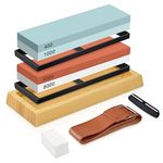 Whetstone Knife Sharpening Stone kit, Sharpening Stones Includes 4 Side 400/1000 /3000/8000 Grit, Knife Sharpener with Nonslip Bamboo Base, Angle Guide,Leather Strop,Flattening Stone