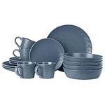 Navaris Linen Artisan Dinnerware Set (16 Pieces) - Plate and Bowl Set for 4 People with Dinner Plates, Side Plates, Pasta Bowls, and Mugs - Smokey Blue