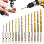 Sunkizzrs® 13-Pcs HSS Titanium Coated Drill Bit Set 1/4" Hex Shank(1.5-6.5mm) − Quick Change Design Drill Power Tool for Wood/Soft Metal/Plastic
