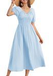 GRACE KARIN Blue Maxi Dress for Ladies Summer Short Puff Sleeve V Neck Ruched Wedding Guest Victorian Dresses for Women M Size 14