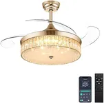 Ohniyou 42 Inch Retractable Ceiling Fan with Lights Remote, Crystal Chandelier Ceiling Fan, Dimmable Fandelier Ceiling Fan for Bedroom Living Room Indoor (Gold)