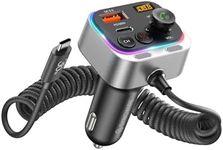 Syncwire Bluetooth 5.4 FM Transmitter Car Adapter, 66W PD QC 3.0 Fast Charge Car Charger with USB-C Coiled Cable, Wireless FM Radio Adapter, Strong Mics, Bass HiFi Sound, Hands-free Call, Light Switch