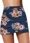 GRAPENT Women's High Waist Tulip Hem Shirring Swim Skirt Swimsuit Bikini Bottom Navy Floral Print Size S