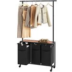 YATINEY Laundry Sorter, Rolling Laundry Hamper with Hanging Rack, Laundry Hamper 3-Section with Wheels, Hampers for Laundry, Laundry Basket Organizer for Laundry Room, Rustic Brown LS37BR