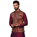 KISAH Men's Ethnic Wear Regular Fit Printed Cotton Blend Multi-Maroon Nehru Jacket (M)