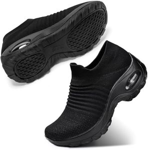 STQ Walking Shoes Women Slip on Sneakers Non Slip Work Air-Cushion Arch Support Tennis Plantar Fasciitis Orthopedic Breathable Mesh Comfortable Ladies Nursing, All Black, 7.5