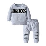 Infant Baby Boys Clothes Set Long Sleeve Tops Sweatsuit MINI BOSS Letter Print Tops Long Pants Outfit Sets Two-Piece Suit (12-18 Months) Grey