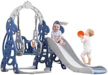 HOMKAI Kids Slide and Swing Set, 4 in 1 Toddler Slide Swing w/Safety Belt, Basketball Hoop & Ball, Extra Long Slide for Indoor Outdoor Playground Backyard (Blue)