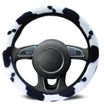 Cow Pattern Fluffy Steering Wheel Cover Non Slip Soft Furry Plush Winter Warm Vehicle Car Steering Wheel Protector Universal Automotive Steering Wheel Cover Fit 37-39cm