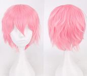 Cybelleza Anime Cosplay Wig Short Pink Wigs for Women/Men Synthetic Curly Straight Fancy Dress Wig Layered Fluffy Halloween Costume Party Carnival Wig with Free Cap