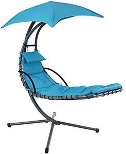 Sunnydaze Floating Chaise Lounger Swing Chair with Umbrella Canopy - Curved Steel Hammock Lounge Chair with Cushion and Pillow - Removable Cushion and Umbrella Shade - 82-Inch Tall - Teal