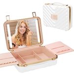 Kalolary Travel Makeup Train Cases with Lighted Mirror 3 Color Setting, Makeup Bag Cosmetic Case Organizer Adjustable Brightness Portable Makeup Storage Box for Makeup Brushes Accessories Tools,White