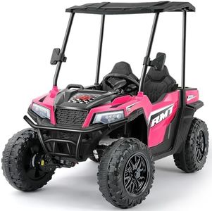 ELEMARA Ride on Car 2 Seater w/Sun Shade, Dump Bed and Shovel, 4WD Powered Electric Car for Kids, 12V 10AH Battery Cars w/Remote Control, Kids Ride on Truck, 3 Speeds,LED Lights, Bluetooth Music, Pink