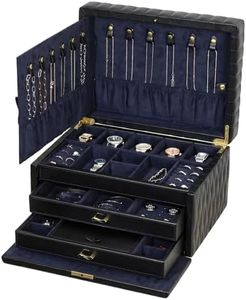 Homruilink Genuine Leather Jewelry Box - 3 Layer Large Jewelry Organizer with Mirror, Lockable Jewelry Box for Women - Necklace, Ring, Earring Organizer with Drawer - Fathers Day Gift (Black)