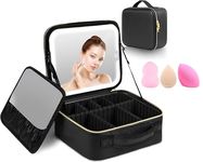 DY-ROS Makeup Bag With Led Mirror, Vanity Travel Cosmetic Bag With Removable Mirror And 3 Type Lights With Adjustable Brightness And Dividers, Makeup Brush Holder Storage (Black)