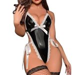 Women's Sexy Wet Look Leather Babydoll Lingerie Shiny Rave Metallic Outfits,Deep V Neck Backless Bodysuit Maid Cosplay Costumes High Cut Thong Leotard Lace Trim, Teddy Chemise Nightwear for Clubwear