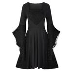 Gothic Dresses Women Clearance Skull Lace Print Lace-up Dress Bat Long Sleeve Halloween Dress Ladies Court Dress Renaissance Medieval Victorian Retro Dress Rockabilly Swing Goth 80s Fancy Dress S-5XL