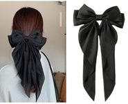 M.T. BROTHERS - 1 Piece Big Satin Layered Hair Bows For Women Girls 11 Inch Barrette Hair Clip Long Black Ribbon Bows French Style Hair Accessories (11 In, Black)