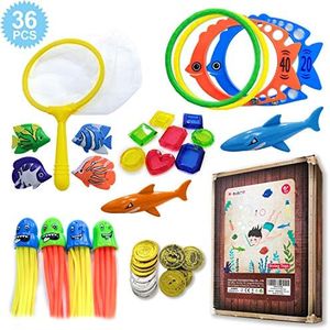 HonShoop 36pcs Diving Pool Toys for Kids, Underwater Swim Toys Set with Dip Net and Storage Box, Dive Rings, Pirate Treasure and Coins Collection for Toddler Boys/Girls Swimming Pool Game