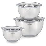 Navaris Stainless Steel Mixing Bowls with Lids (Set of 3) - Small, Medium and Large Mixing Bowl with Lid Set - 1.5 QT, 3 QT, 5 QT - Gray