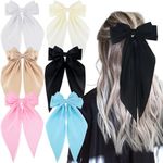 Lestp 6Pcs Silk Satin Hair Bows for Women Girls Big Coquette Bow Ribbon Clips White Pink Blue Bowknot Barrettes with Long Tail French Curly Hair Accessories Toddlers Teens Cute Aesthetic Hair Clips