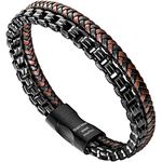 murtoo Mens Bracelet Leather Braided Stainless Bracelet 316L Chain Black Brown Leather Magnetic Clasp Gift for Men (Black Brown, 19)