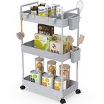 Ronlap Slim Storage Trolley, 3 Tier Rolling Cart Storage Organizer, Utility Rolling Cart with Handle Hanging Cups Dividers for Office Bathroom Kitchen Laundry Room Narrow Places, Grey